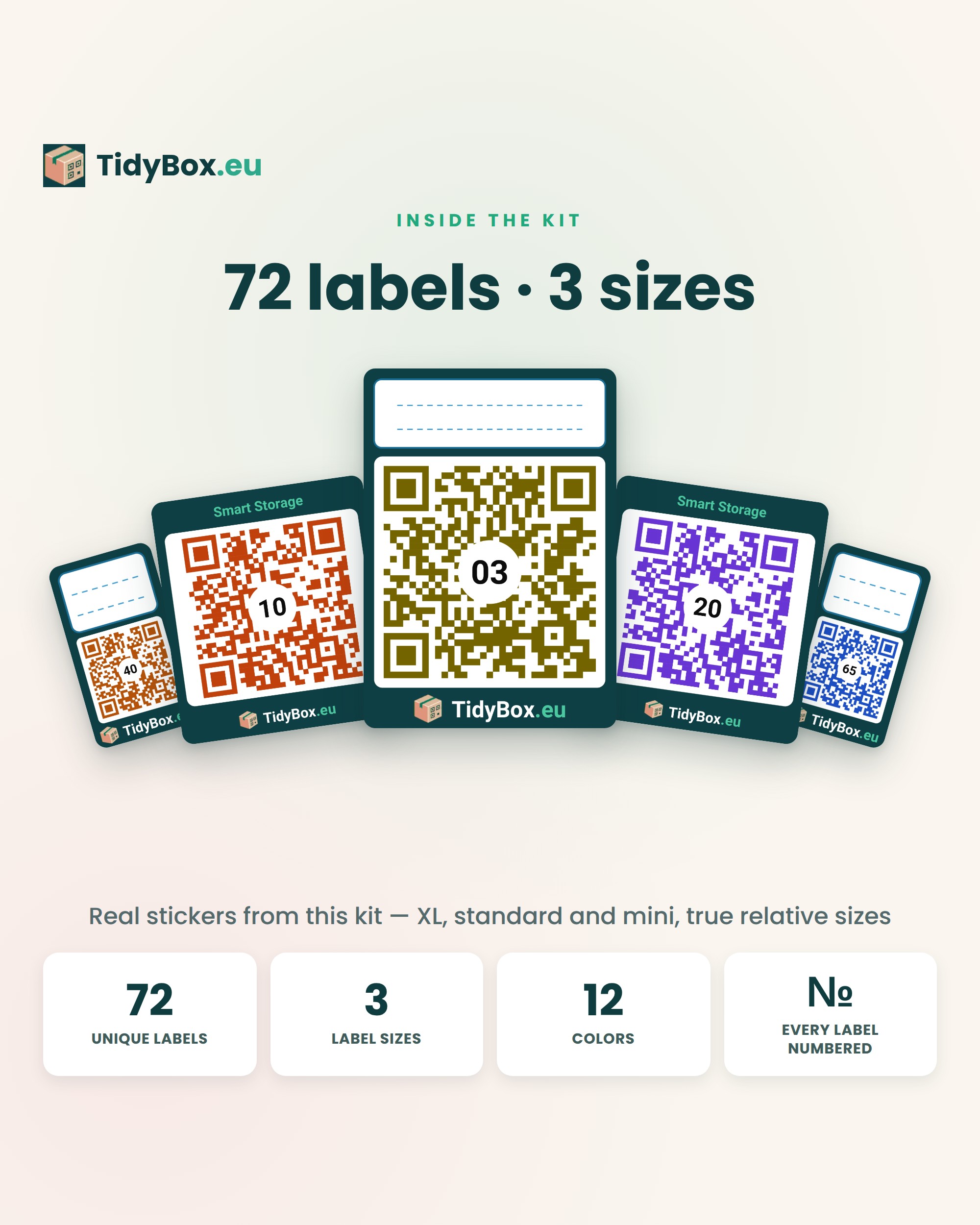 Smart QR Storage Labels – Whole Home Mix Kit, 72 Stickers, 3 Sizes
