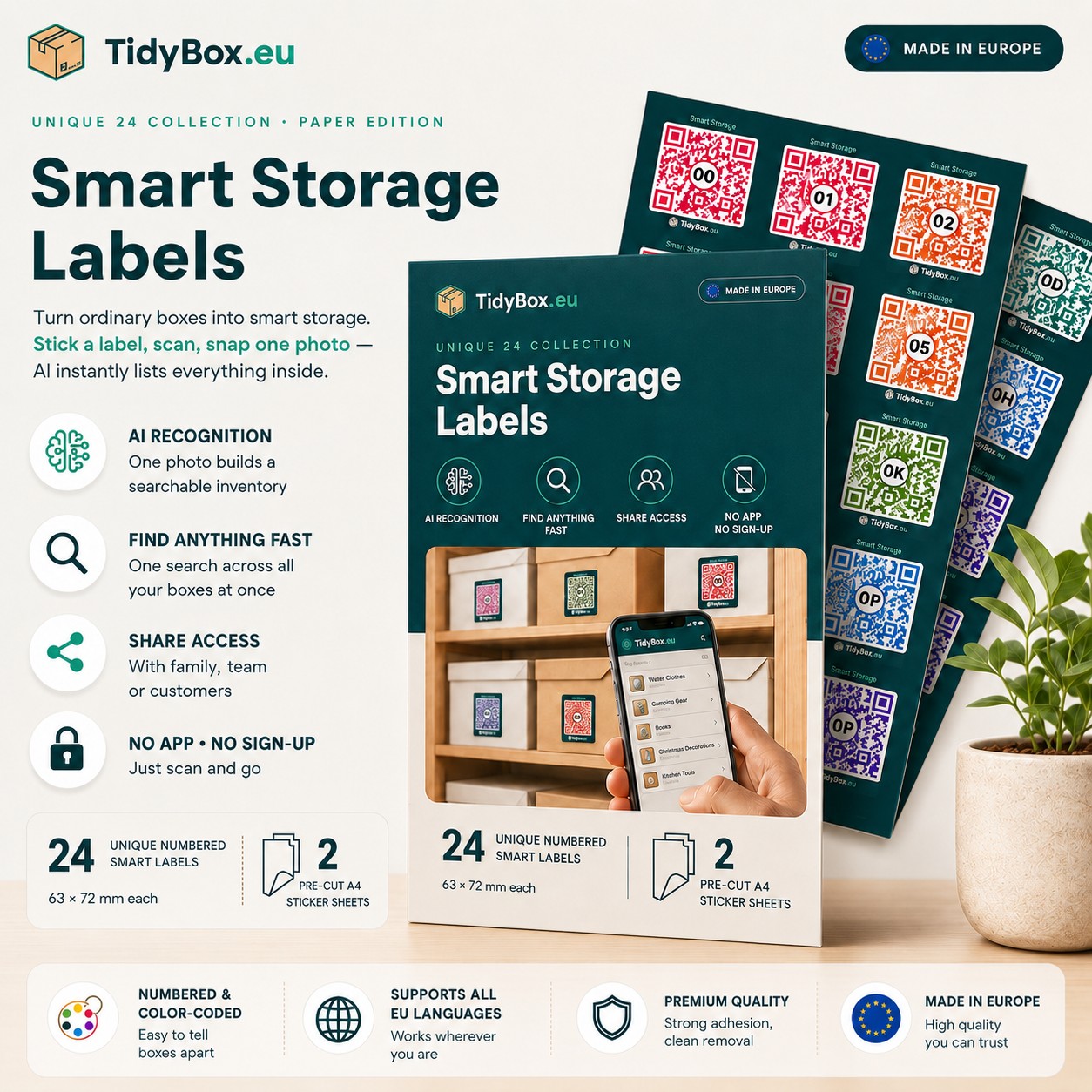 Sheet of TidyBox QR sticker labels