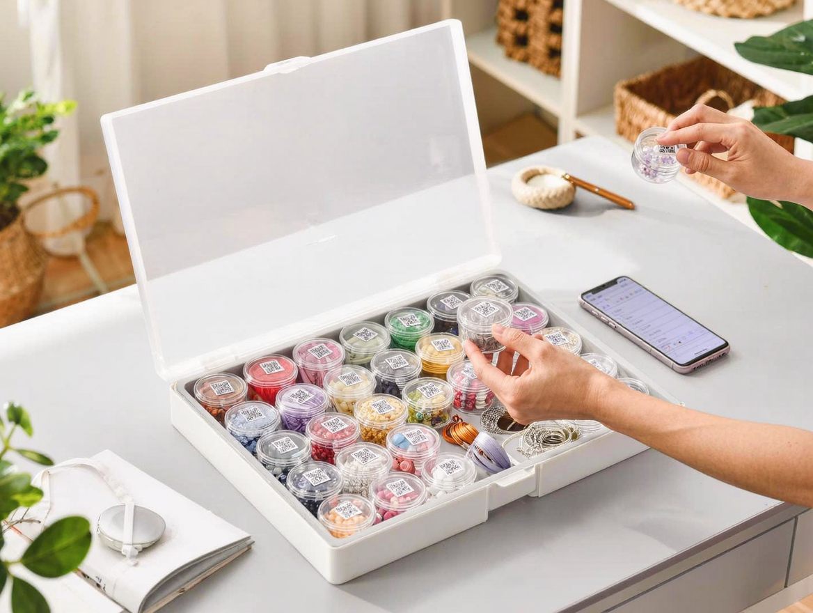 A craft organizer full of small QR-labeled jars with colorful beads