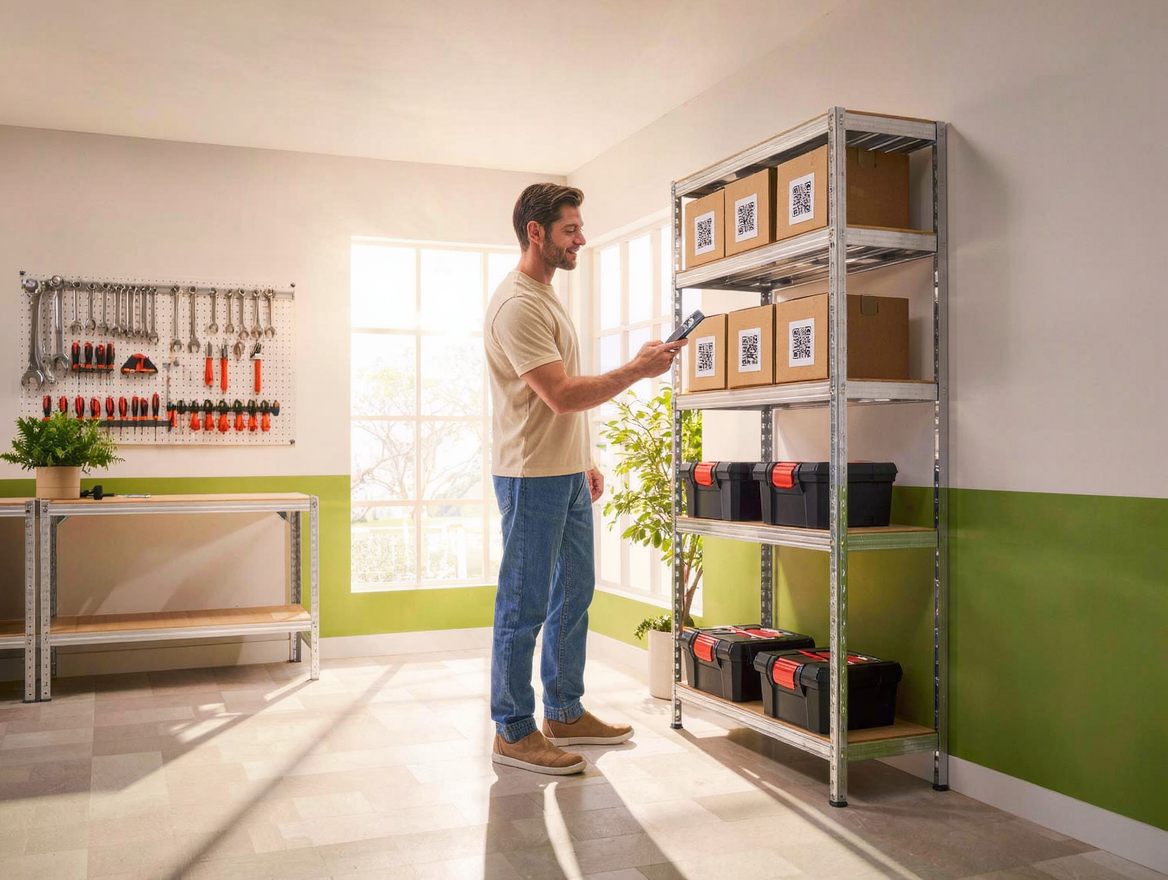 A man scanning a QR-labeled box on a garage shelf