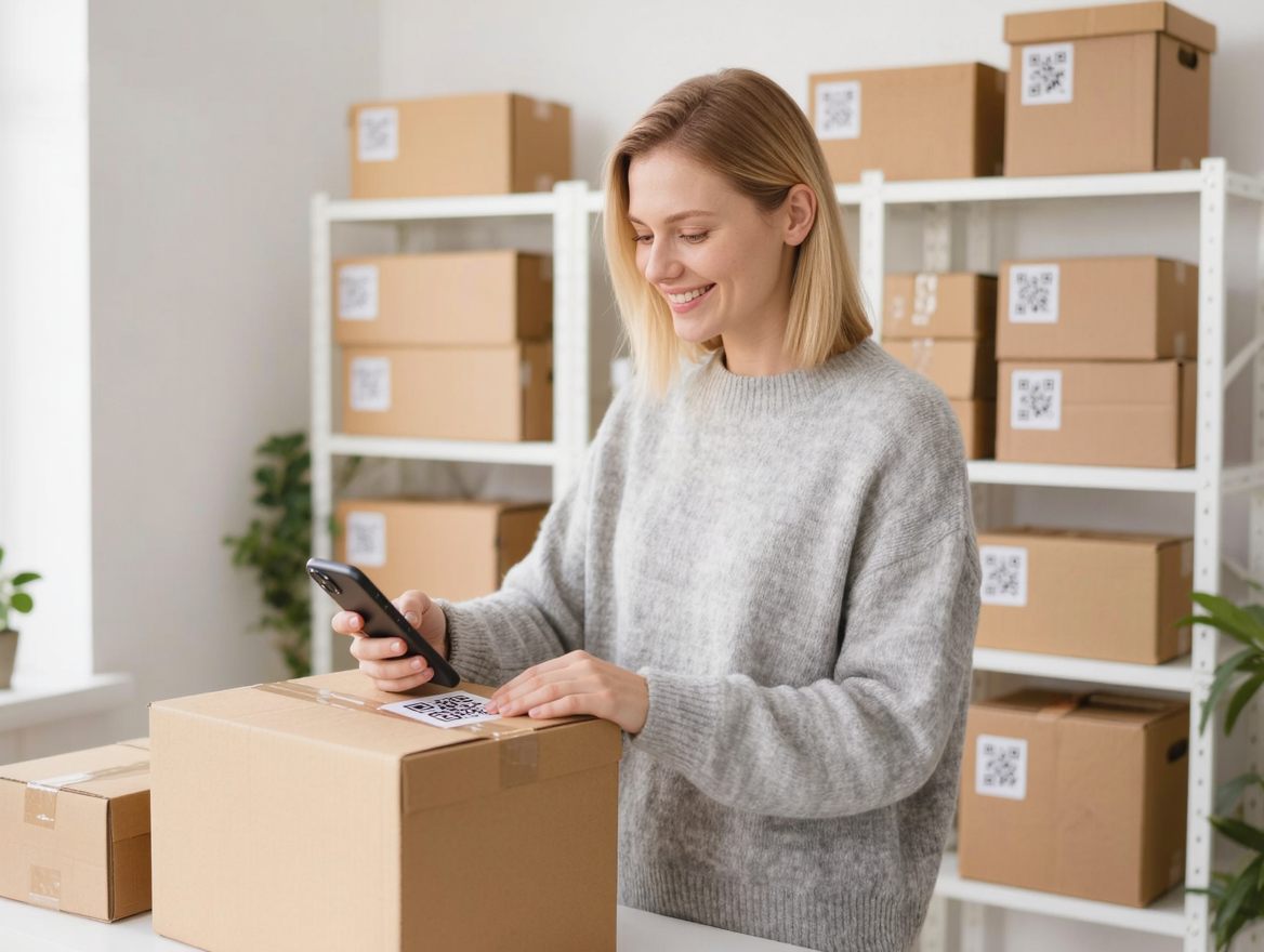 A woman scanning the QR label of a storage box in a bright pantry
