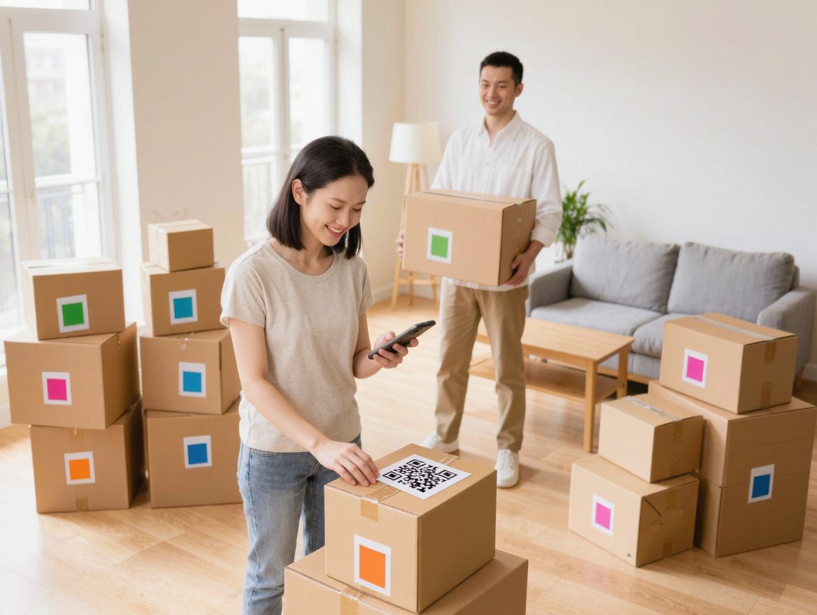 A couple on moving day among boxes with colorful numbered QR labels