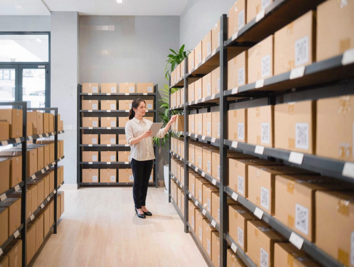A shopkeeper checking QR-labeled boxes in a small stockroom